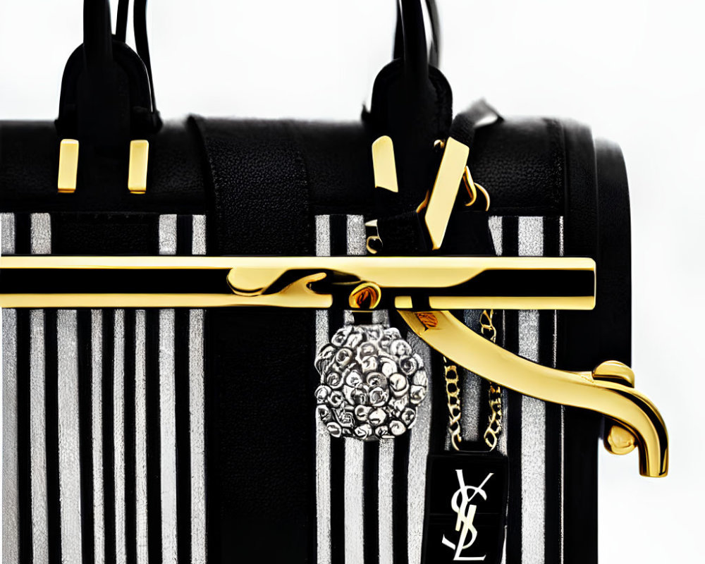 Luxurious Black and White Striped Handbag with Gold Accents and YSL Logo Charm