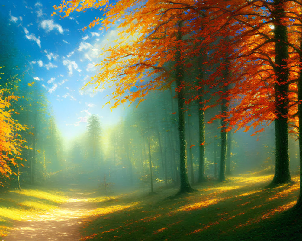 Tranquil Forest Scene with Sunlit Path and Autumnal Trees