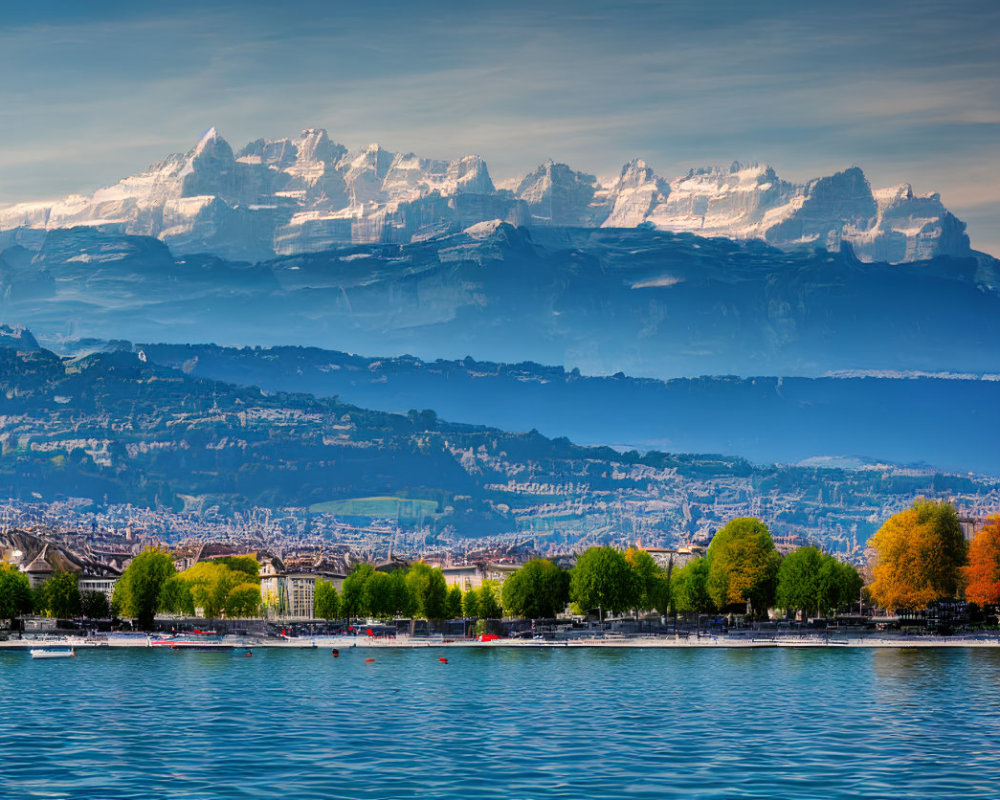 City by Lake: Autumn Trees, Snowy Mountains