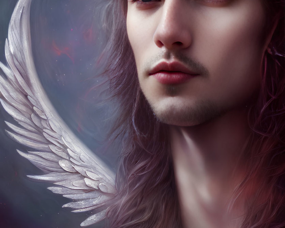 Digital Artwork: Person with Long Purple Hair and Realistic Angel Wings on Moody Cosmic Background