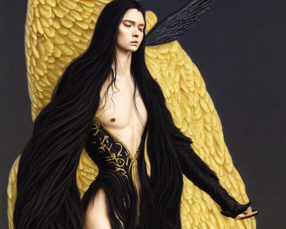 Golden-winged figure in black and gold bodysuit on dark background