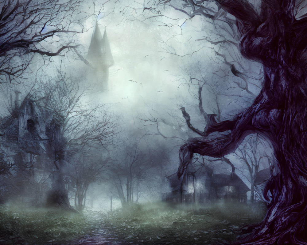 Foggy, eerie landscape with gnarled trees, dilapidated tower, and flying birds