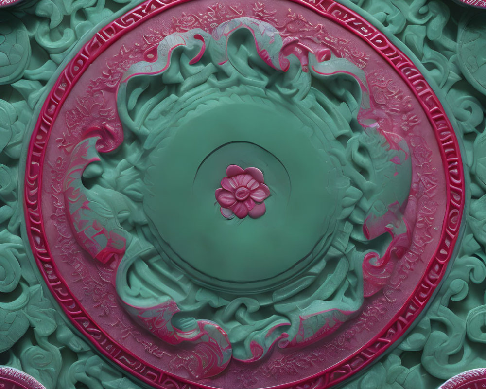 Teal and Pink Relief Carving with Floral and Scroll Designs