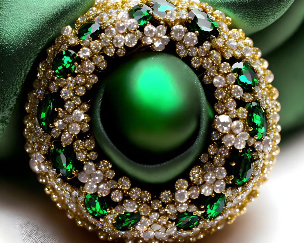 Opulent green pearl brooch with diamonds on silk background