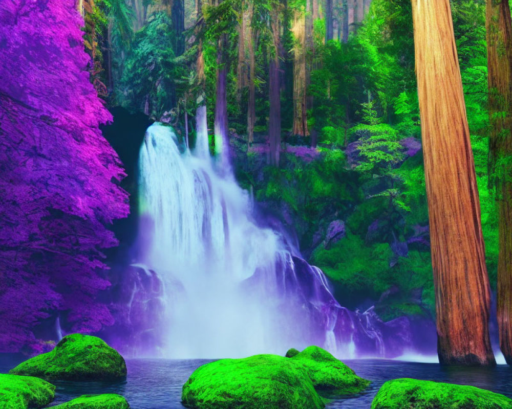 Majestic forest waterfall with moss-covered rocks and vibrant trees