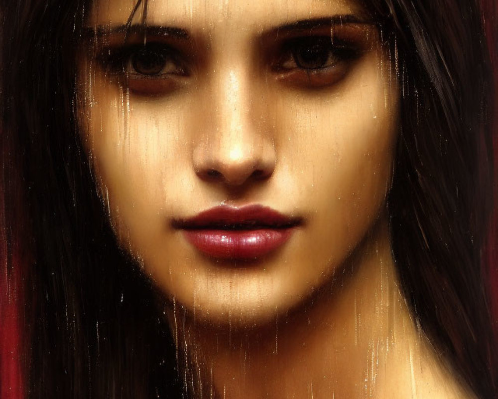 Detailed portrait of a woman with wet hair and neutral expression.