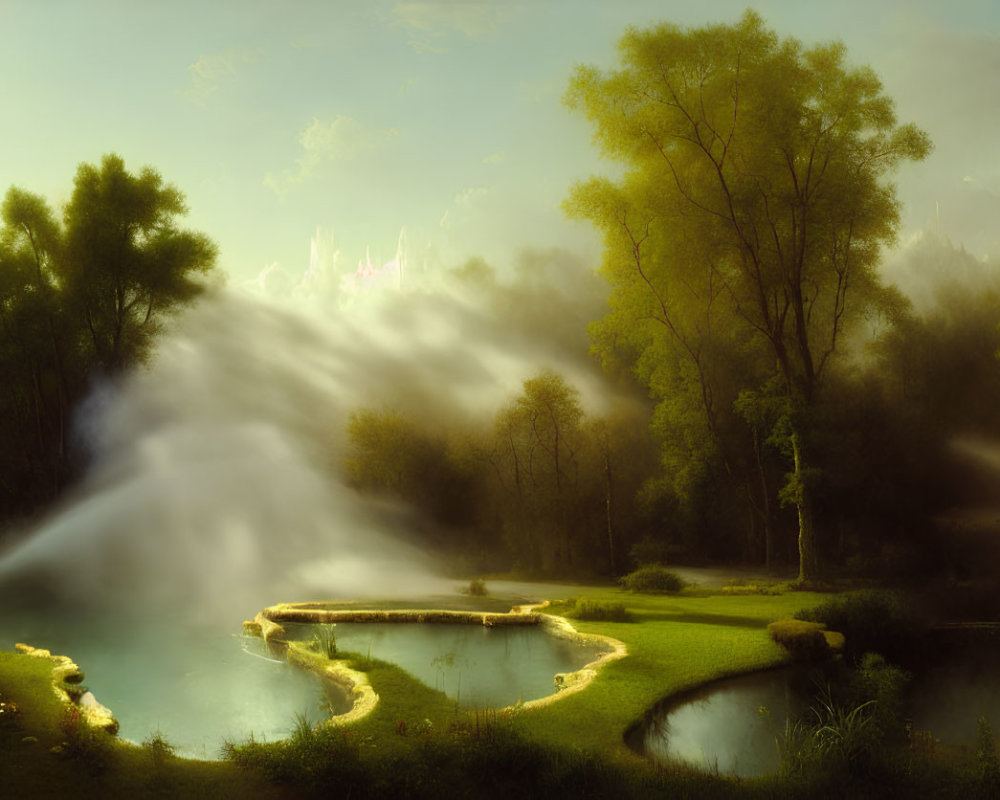 Tranquil pond with misty sunlit landscape and distant castle