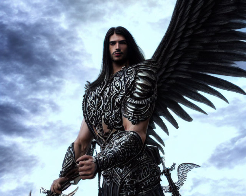 Brooding warrior in ornate armor with black wings, eagle soaring under stormy sky