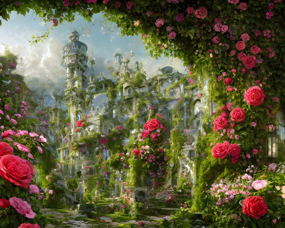 Fantastical garden with oversized pink roses and fairy-tale castle