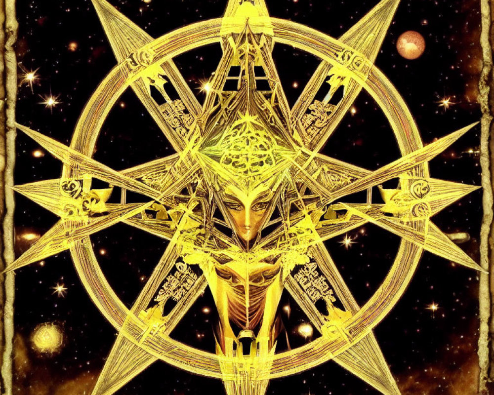 Golden star with stylized face in cosmic setting on dark background