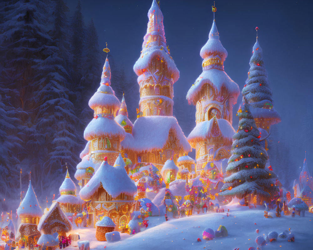 Snow-covered buildings and Christmas trees in a whimsical winter scene