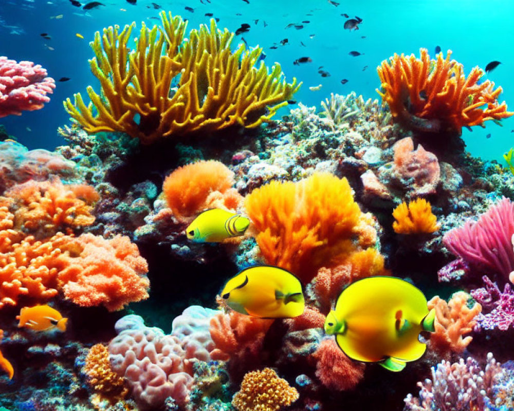 Colorful Coral Reefs with Yellow Fish in Vibrant Underwater Seascape