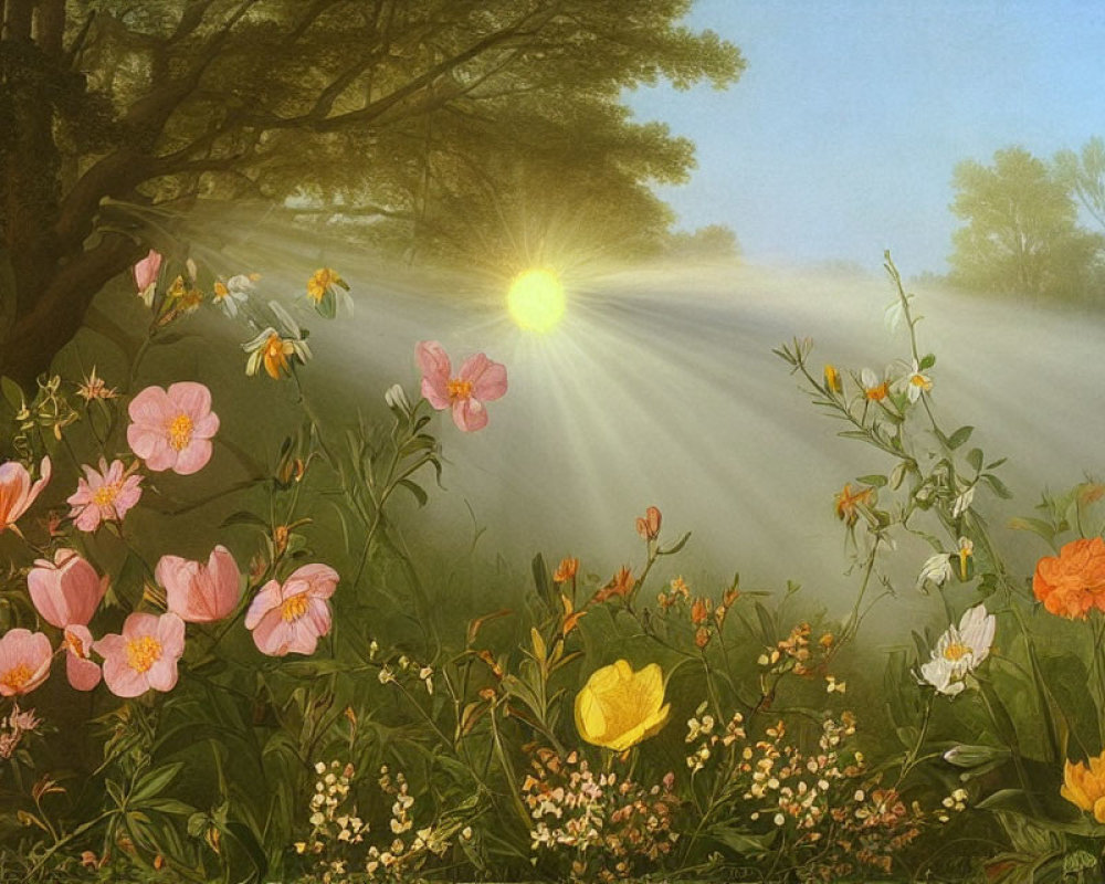 Tranquil forest sunrise with mist, wildflowers, and greenery