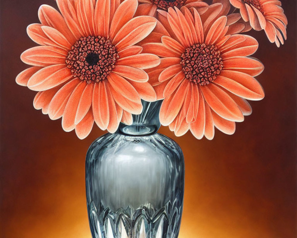 Vibrant orange gerbera flowers in transparent vase on warm background