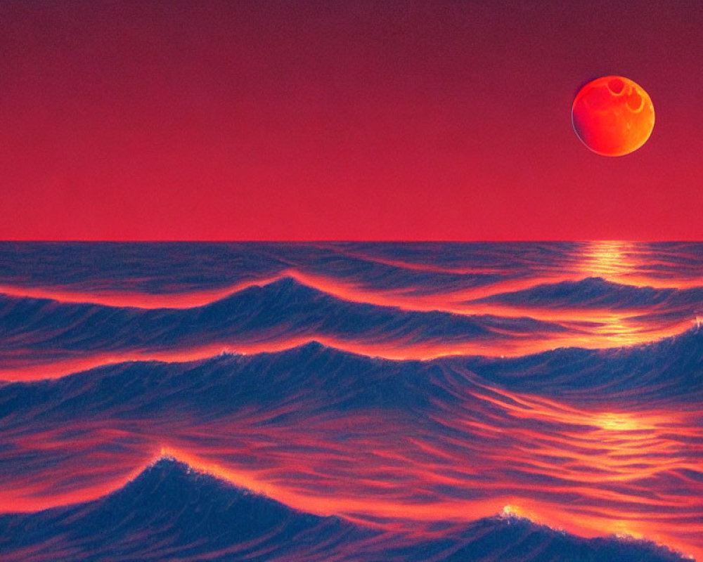 Fiery sky and lunar eclipse over vivid red ocean