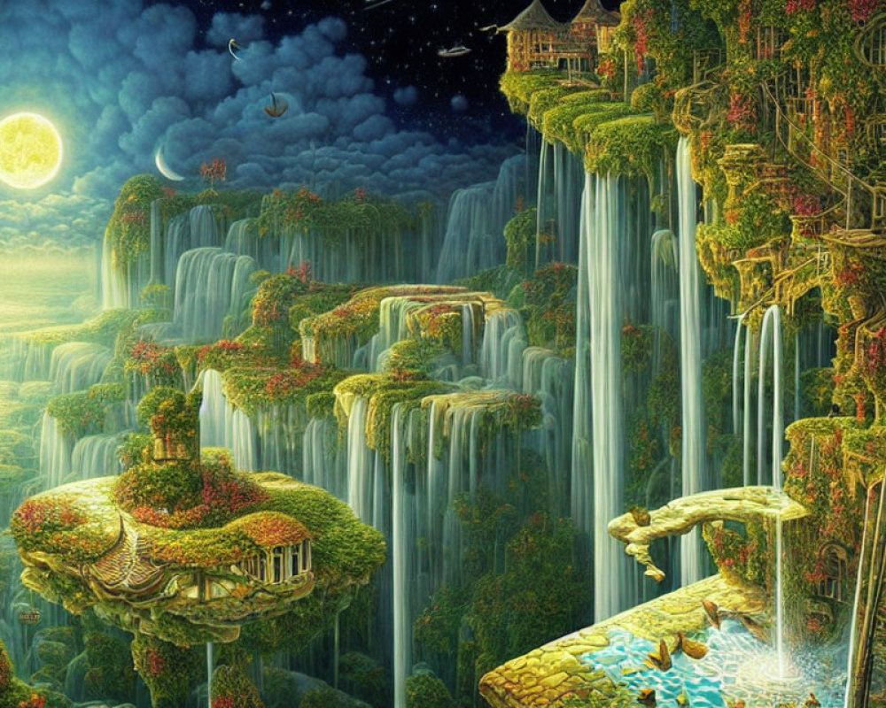 Fantastical landscape with waterfalls, cliffs, greenery, and whimsical buildings