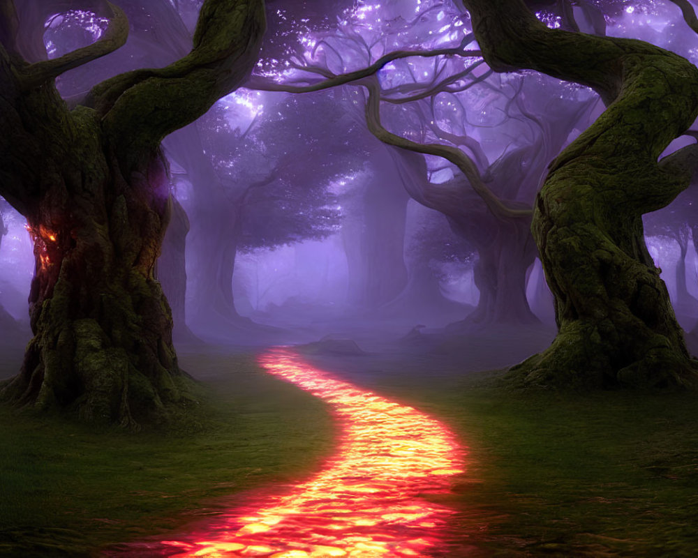 Twisted trees and glowing red path in mystical forest