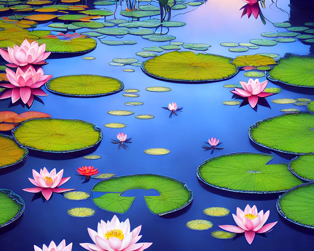 Bright Pink Water Lilies and Large Round Leaves on Blue Water Surface