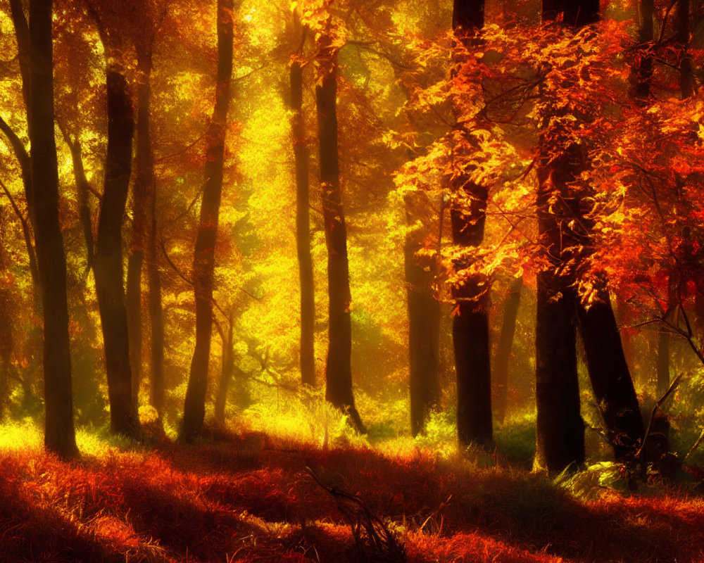 Vibrant autumn forest with red and yellow leaves in sunlight