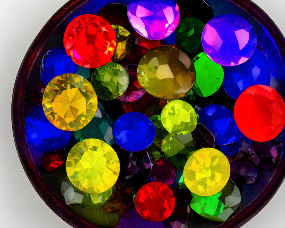 Vibrant Faceted Gemstones in Dark Bowl