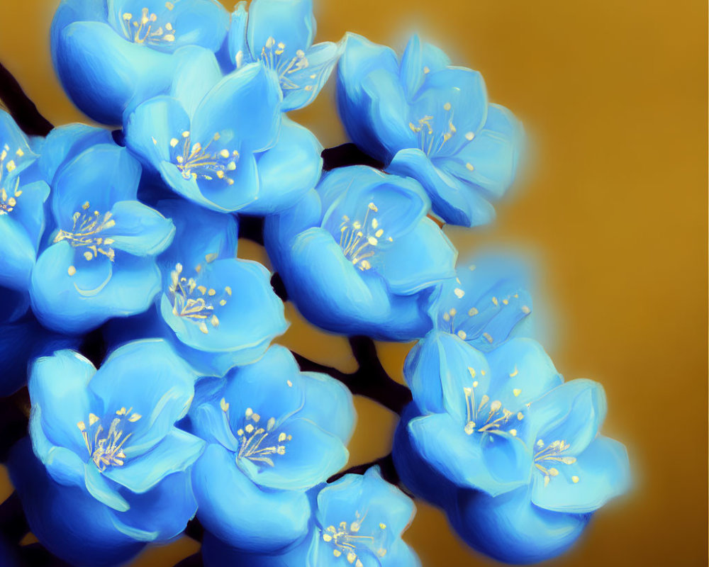 Vibrant Blue Flowers with Yellow Stamens on Golden Background