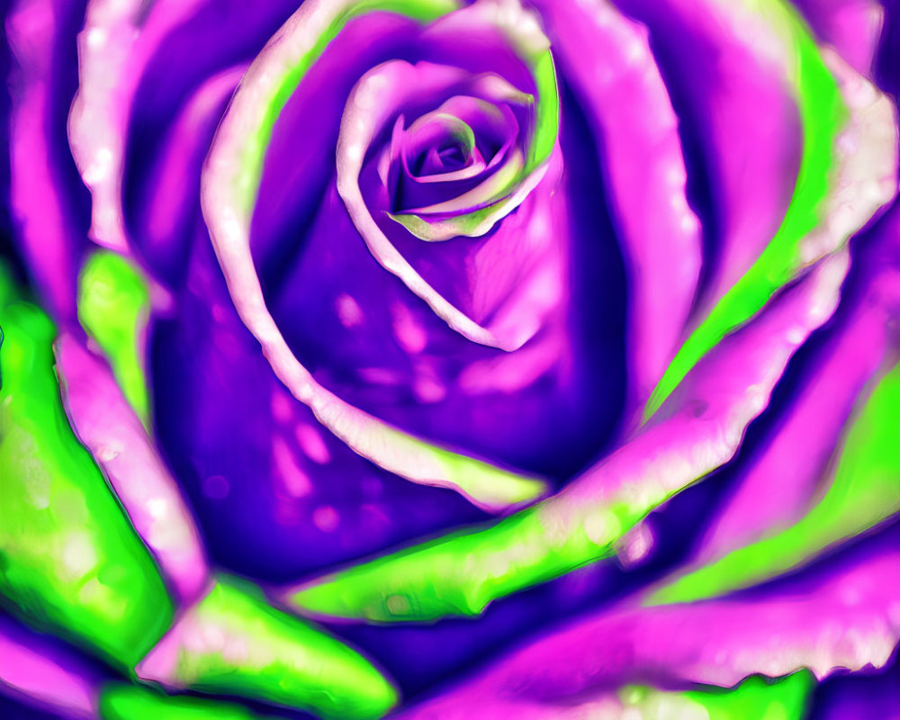 Digitally enhanced rose with vibrant purple and green hues and soft focus effect