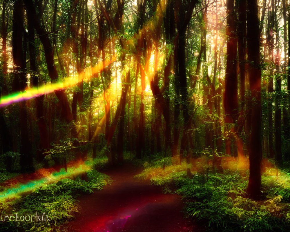 Lush forest with sunlight filtering through dense foliage