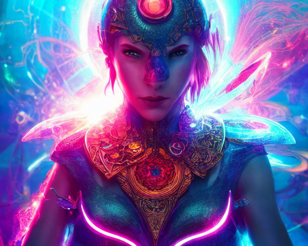 Digital artwork: Woman with cybernetic eye, ornate armor, mystical energy, neon lights