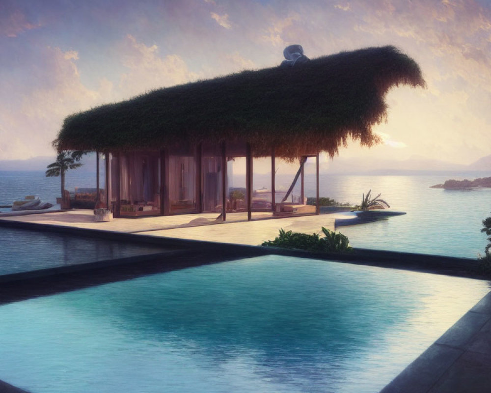 Tranquil waterfront villa with thatched roof, pool, and yacht at dusk