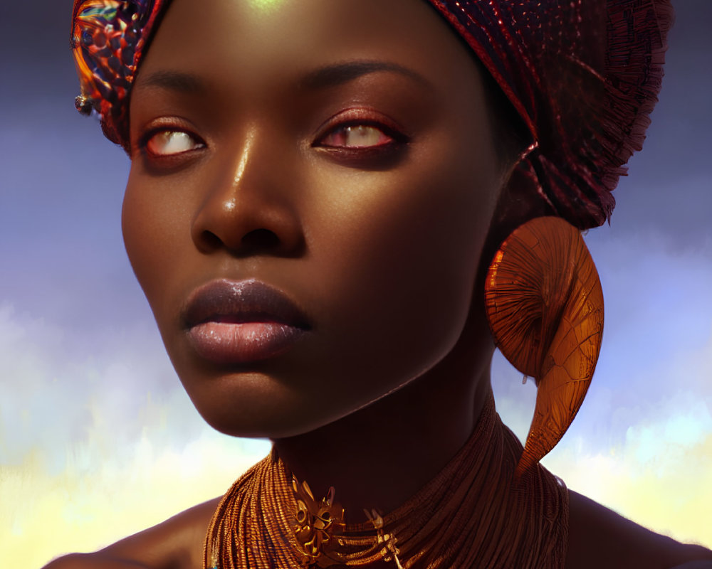 Digital portrait of woman with richly-toned skin and head wrap, adorned in golden jewelry, against