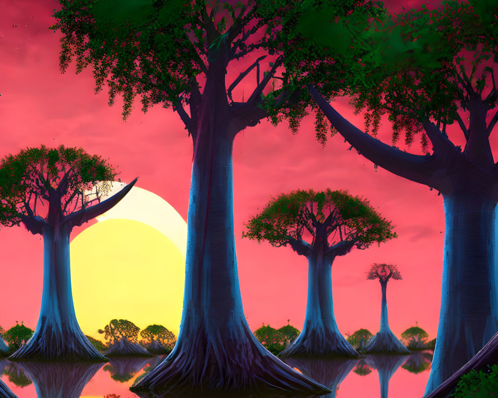 Colorful fantasy landscape with alien trees and setting sun in pink sky