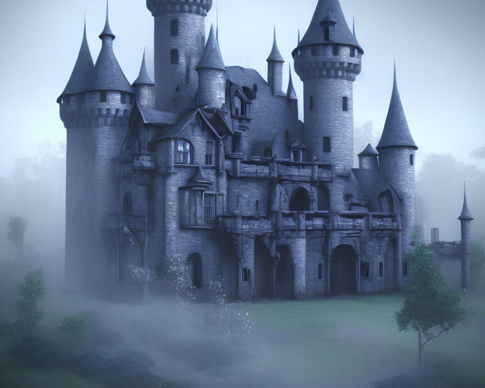 Mist-covered castle with spires and turrets in twilight foggy landscape