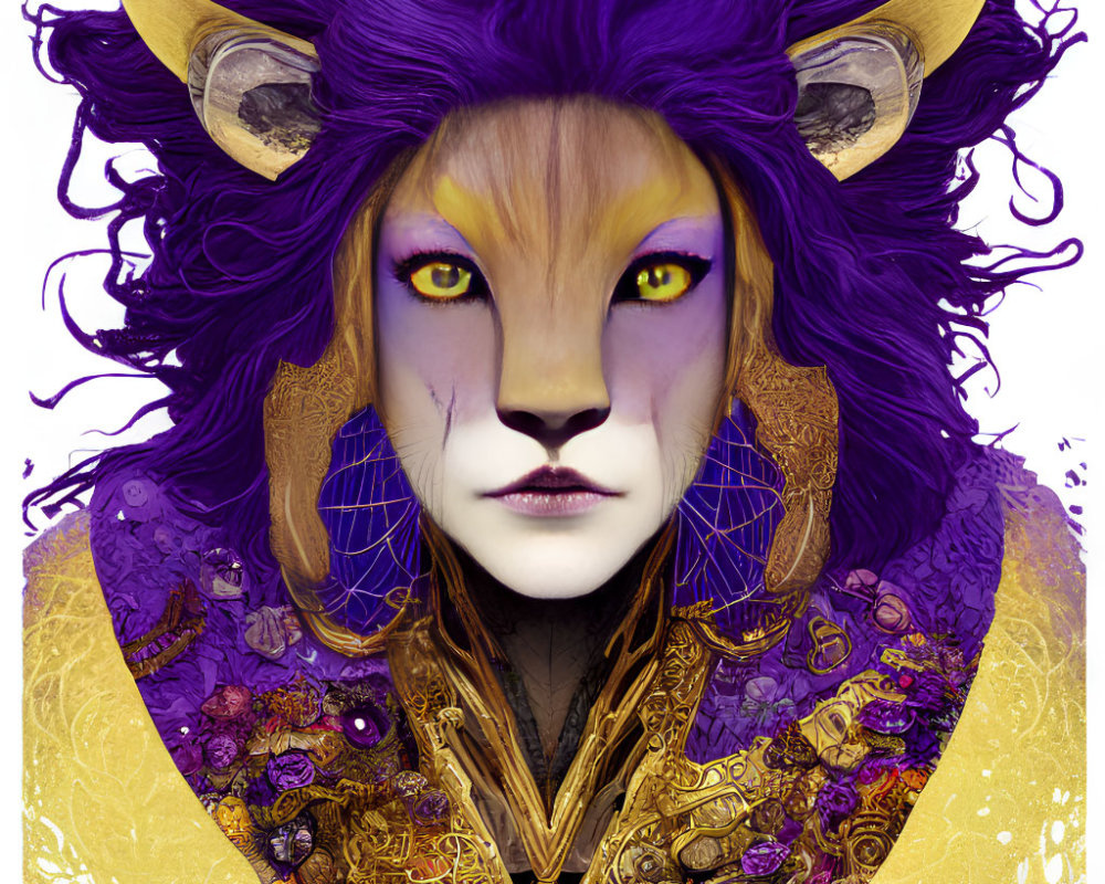 Stylized portrait of humanoid lion with golden eyes and purple mane