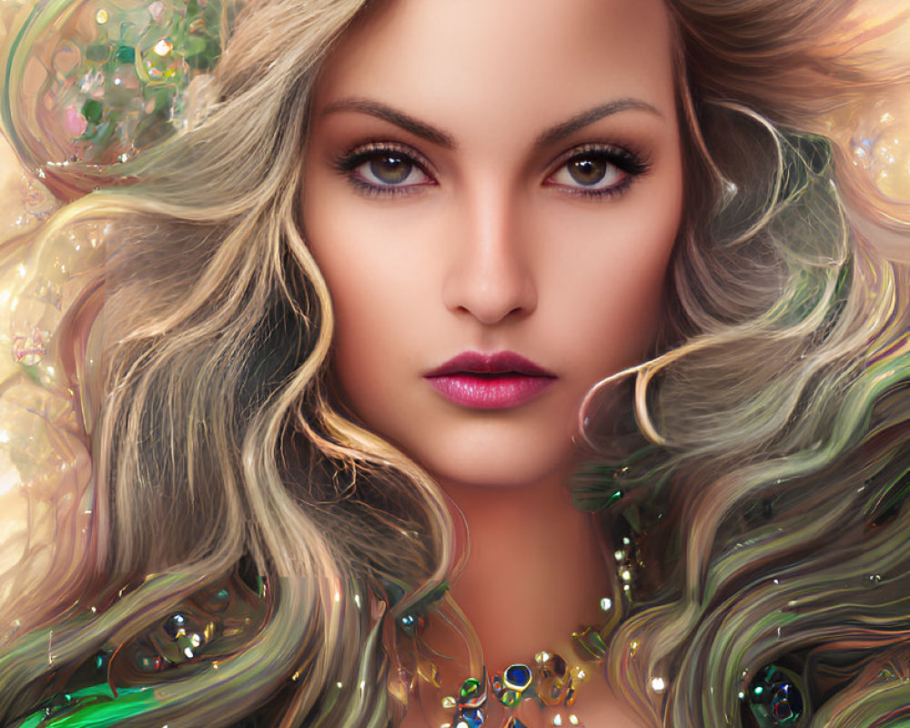 Colorful digital illustration of woman with flowing hair and bubbles on soft background