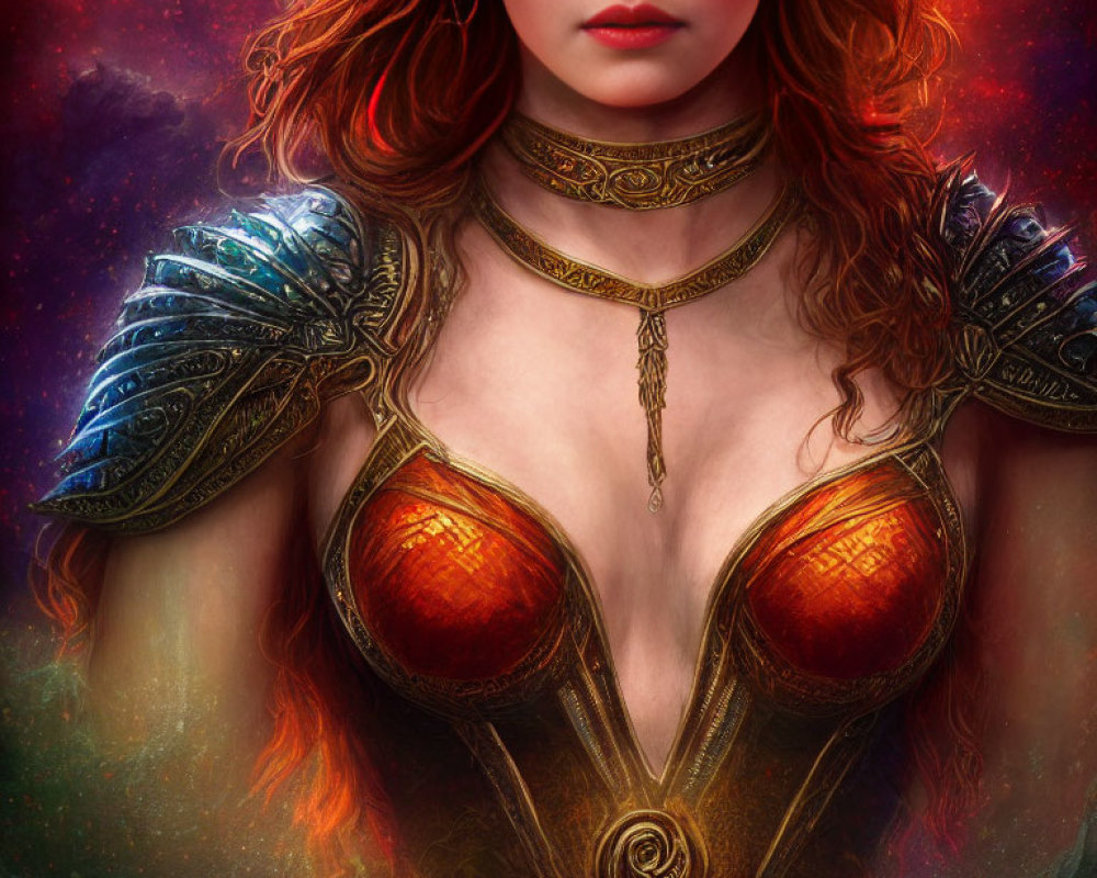 Redheaded Woman in Ornate Armor with Detailed Choker and Cosmic Backdrop