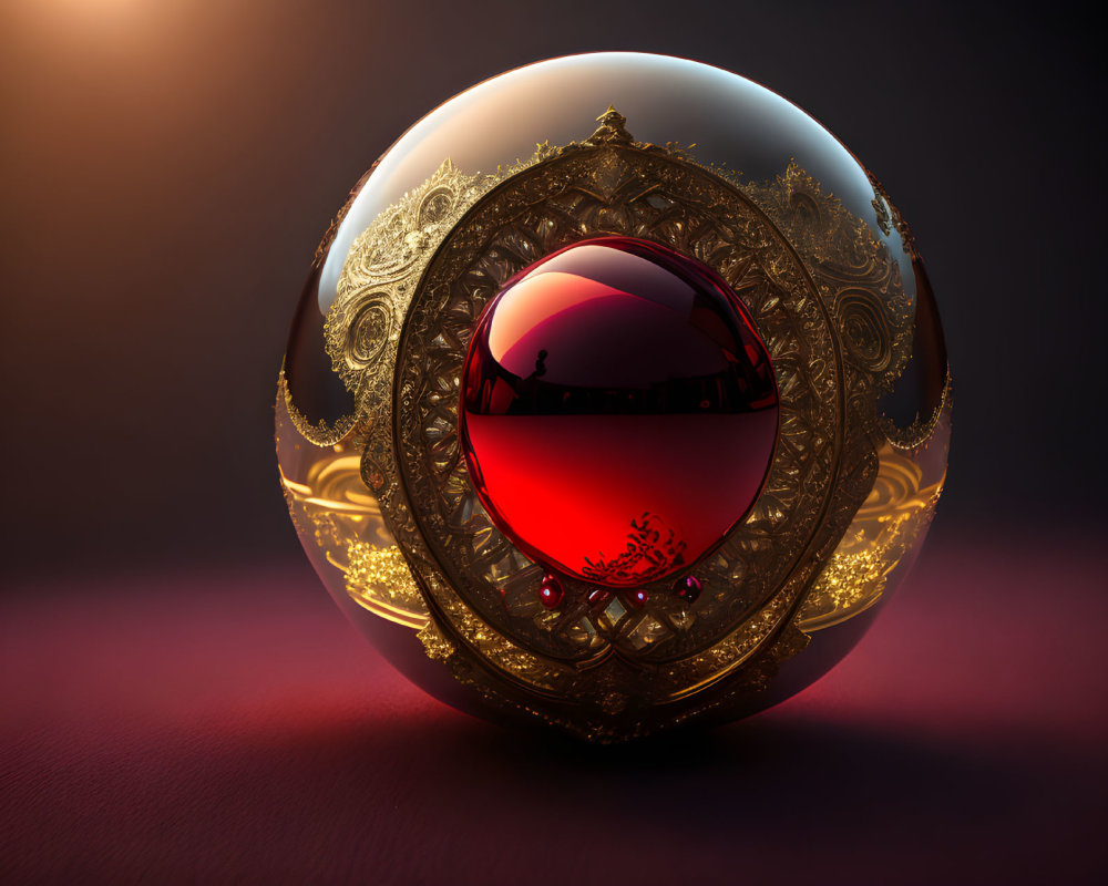 Golden filigree encircles red and clear orb on dark surface with warm backdrop