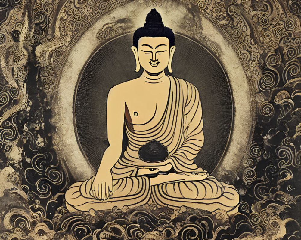 Traditional Buddha Painting in Gold and Black with Ornate Halo Background