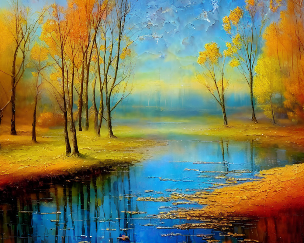 Tranquil autumn river landscape with golden trees