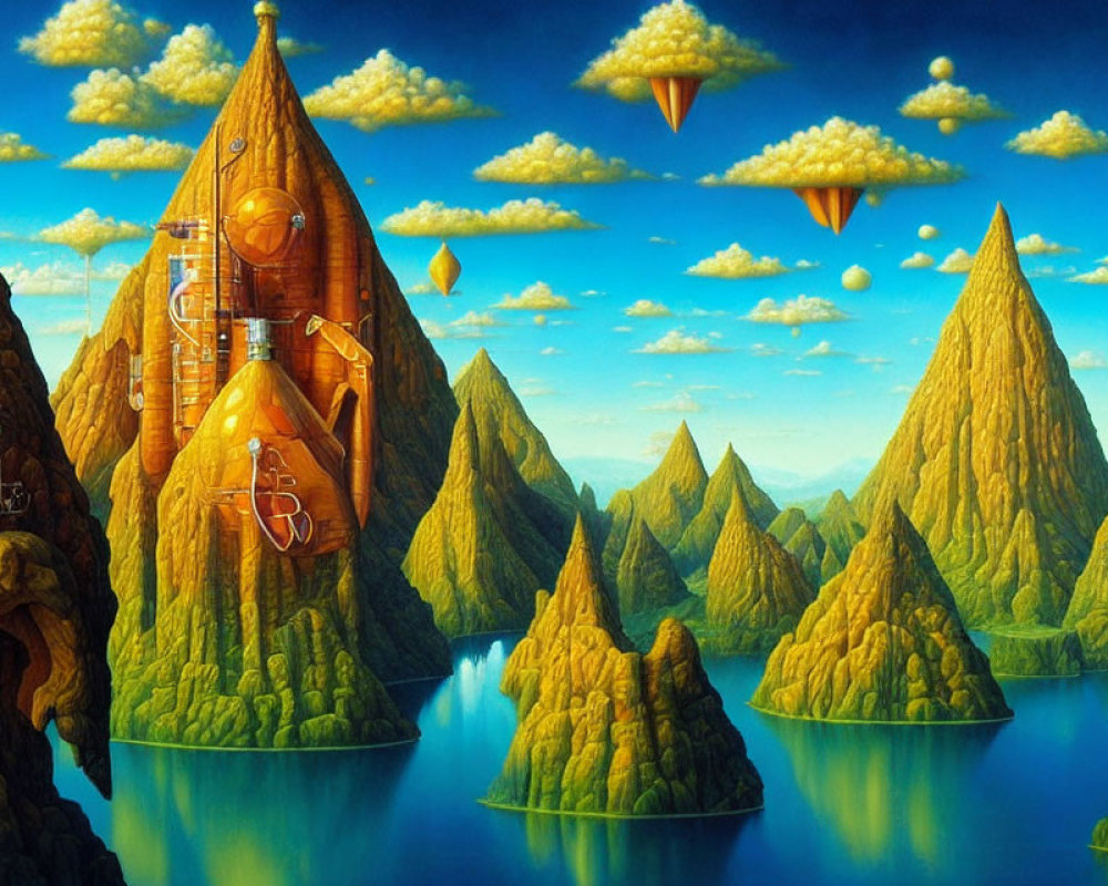 Surreal landscape with towering mountains, ornate structures, and floating islands