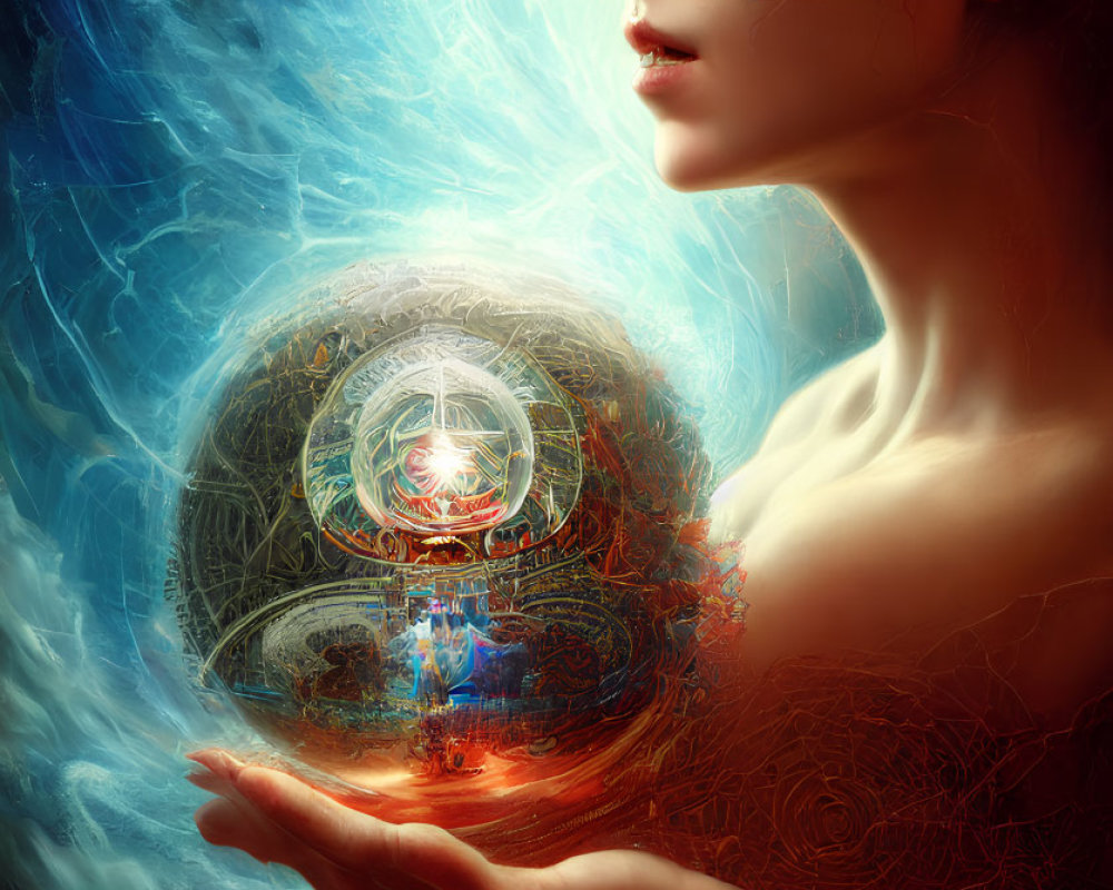 Woman holding luminescent orb with swirling ethereal elements