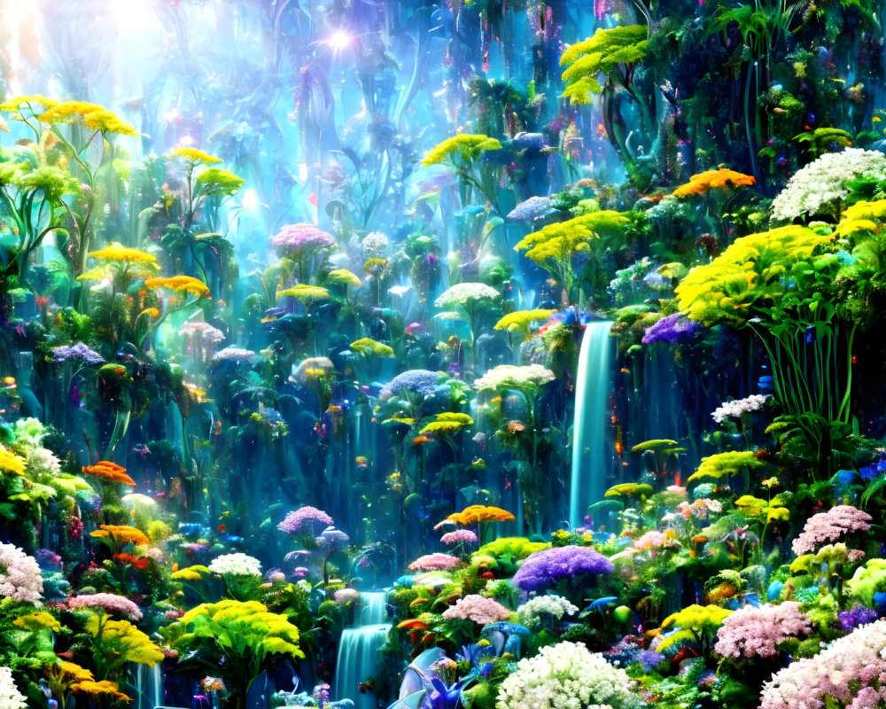 Colorful Flower Garden with Cascading Waterfalls in Mystical Light