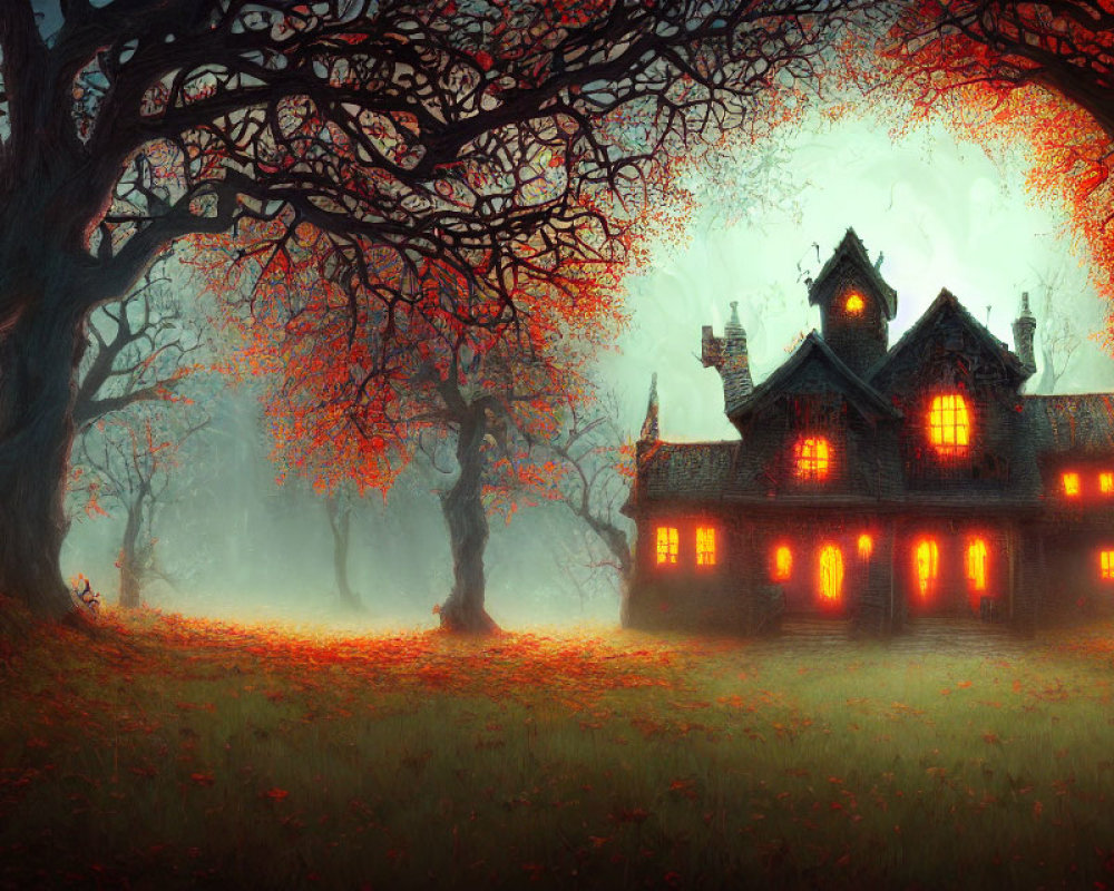 Spooky large house with glowing orange windows in misty forest