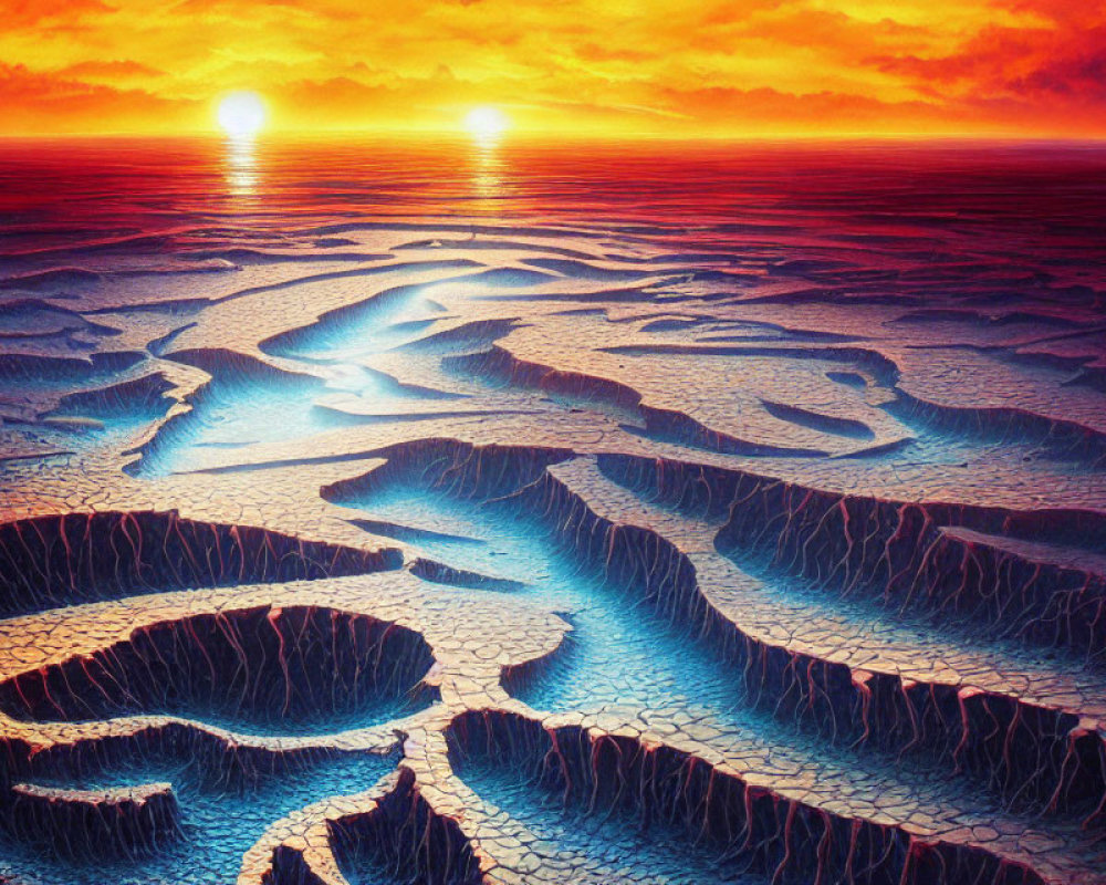 Dual suns illuminate cracked land under fiery sky in vibrant landscape