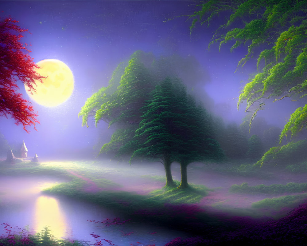 Mystical landscape with evergreen trees, full moon, mist, river, and starry sky