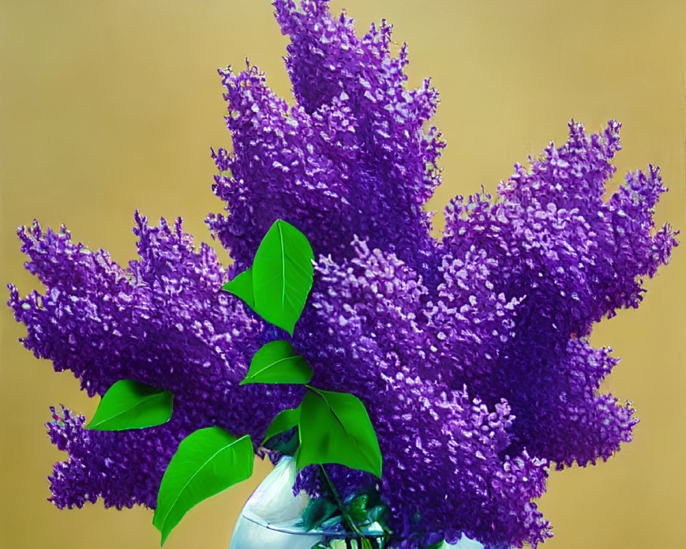 Purple lilacs in round glass vase on warm yellow background