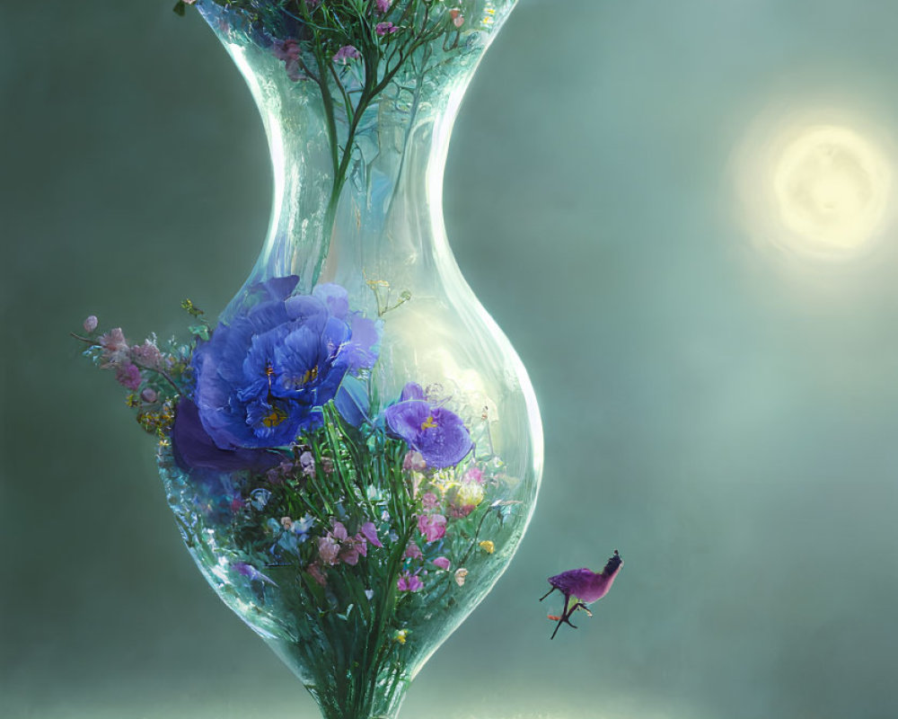 Transparent Hourglass Vase with Vibrant Flowers, Bird on Luminous Surface