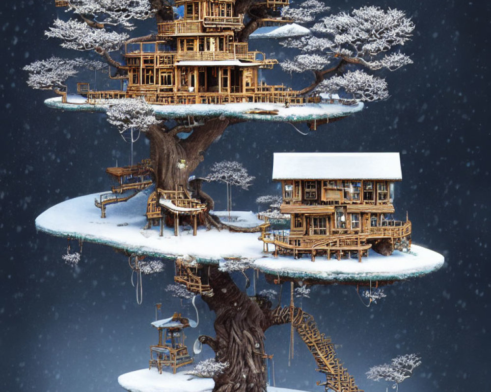 Intricate multi-level treehouse in snowy landscape under night sky