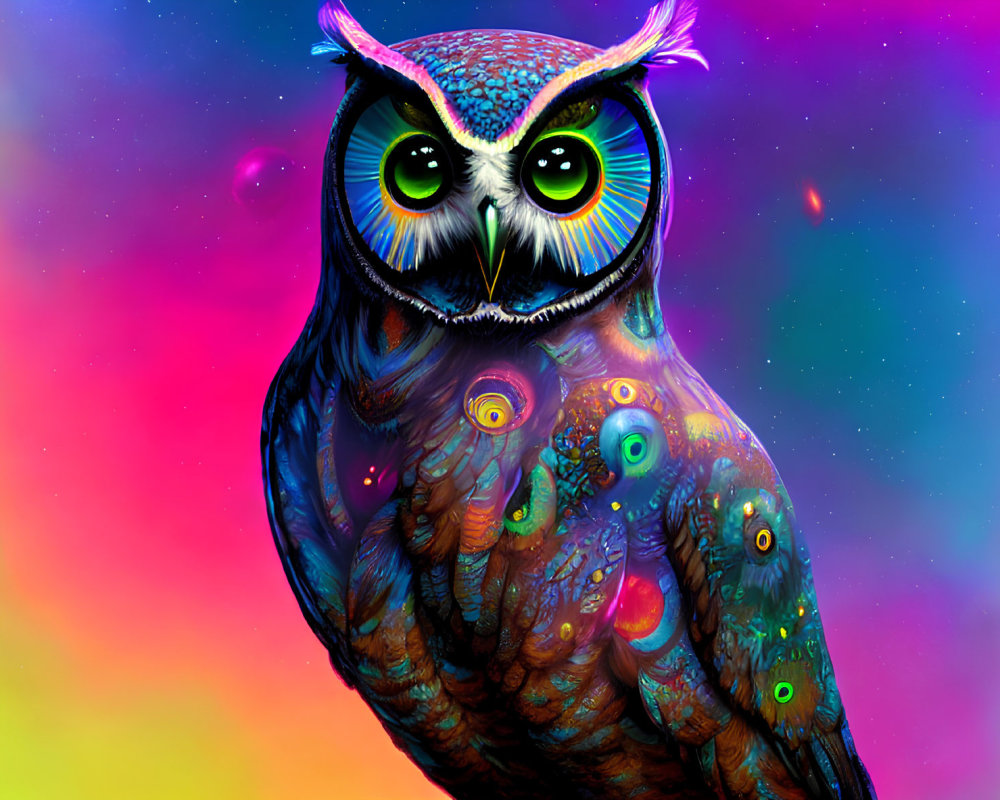 Colorful Owl Artwork with Psychedelic Patterns and Neon Colors