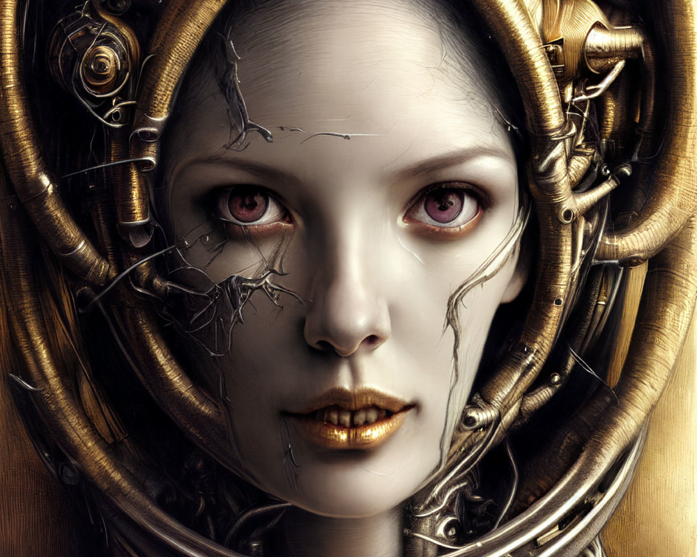 Digital Artwork: Woman with Red Eyes in Intricate Mechanic Structures