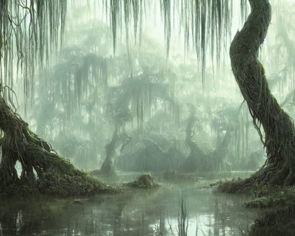 Ethereal swamp with twisted trees and hanging moss in misty setting